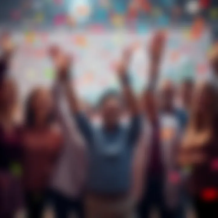 A group of happy people celebrating their financial success with confetti and charts in the background.