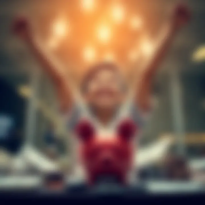 Celebrating Recovery from Gambling Addiction A person smiling with hands raised in victory, surrounded by financial documents and a piggy bank, symbolizing success in overcoming gambling addiction.