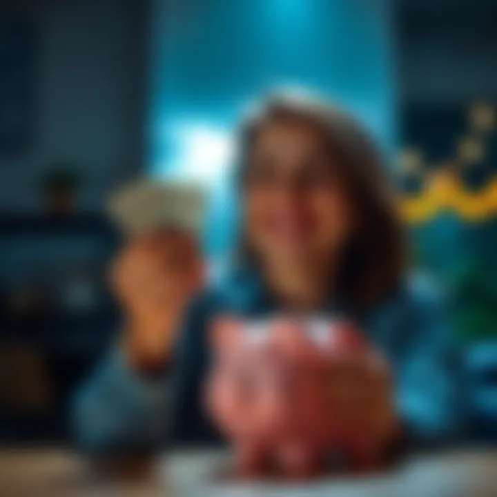 A person smiling while holding a small stack of cash and a piggy bank, symbolizing financial achievements