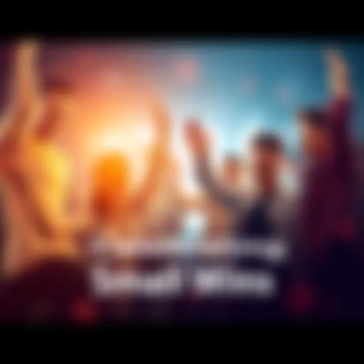 Celebrating Small Wins A group of people joyfully celebrating a small achievement with smiles and high-fives.