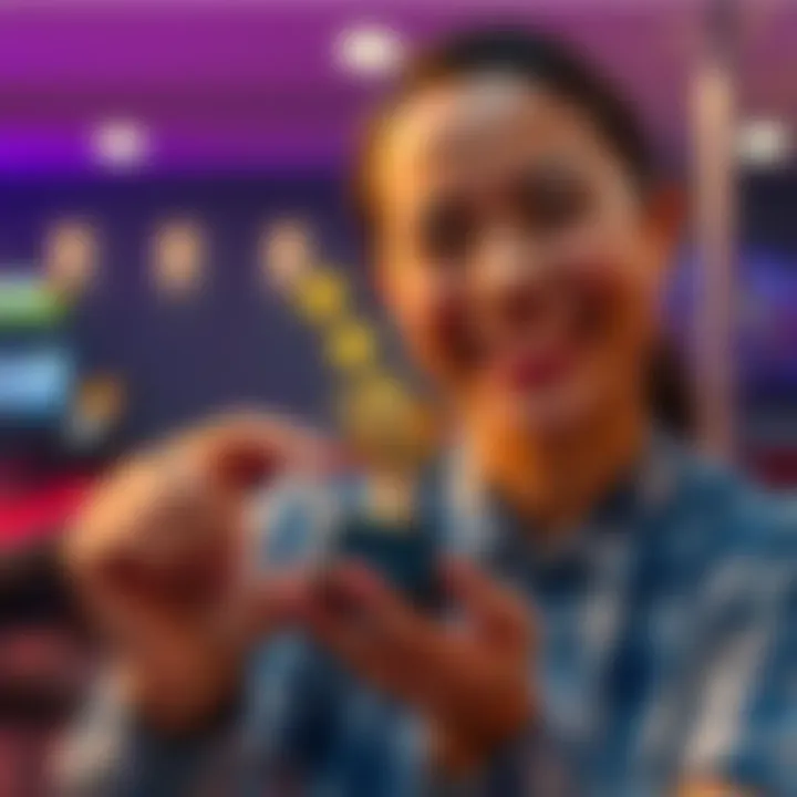 A person smiling while holding a small trophy, symbolizing victory over gambling addiction. The background shows a calm setting, depicting hope and recovery.