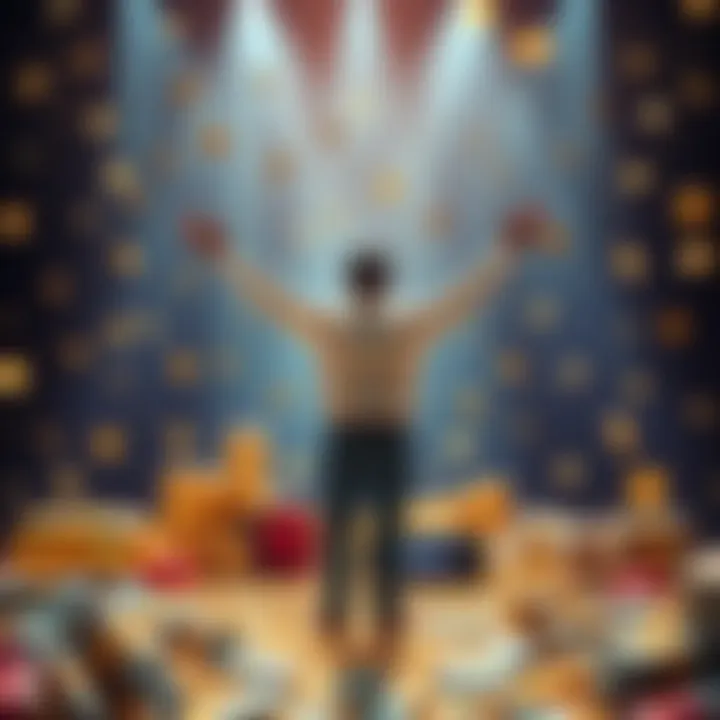 A person standing confidently with arms raised in celebration, surrounded by symbols of wealth like money, gold, and luxury items.