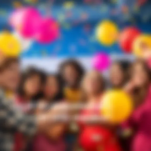 A group of diverse people smiling and sharing their accomplishments in a lively setting, surrounded by balloons and confetti.
