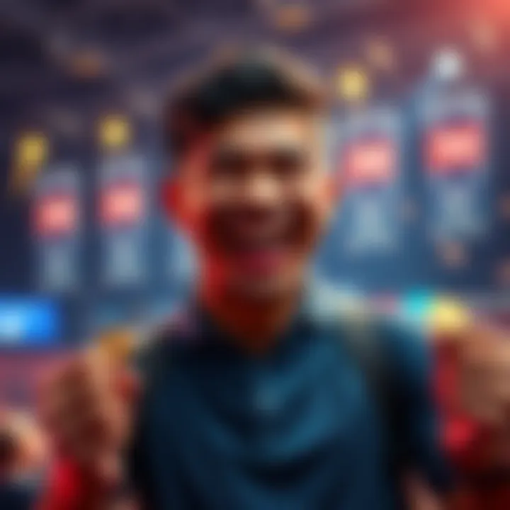 A person with a big smile holding coins, celebrating a successful bet of R$0,50