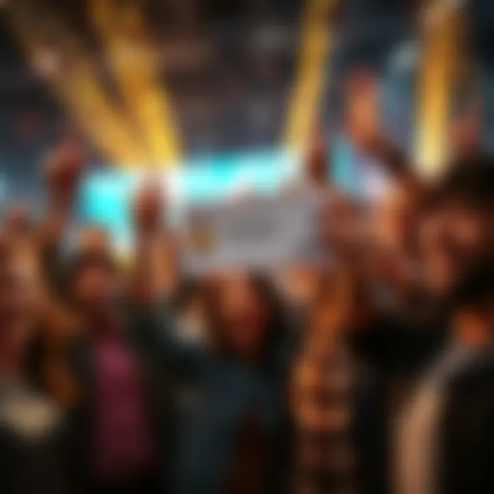 Celebrating Winning Ticket Group of people cheering while holding a winning lottery ticket, showing excitement and camaraderie