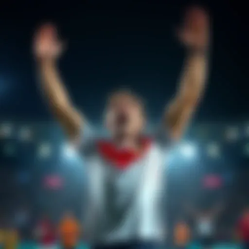 A excited person celebrating their fourth victory with arms raised in joy, showing determination and success.