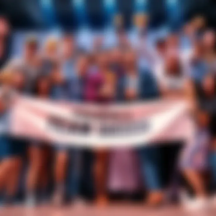 A diverse group of people celebrating together with smiles, holding trophies and banners, showcasing teamwork and accomplishment.