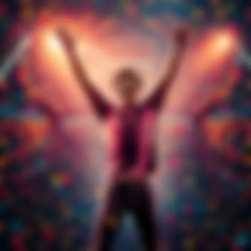 A person jumps in excitement with their arms raised, surrounded by colorful confetti, celebrating reaching a milestone of 1k for the third time in a week.