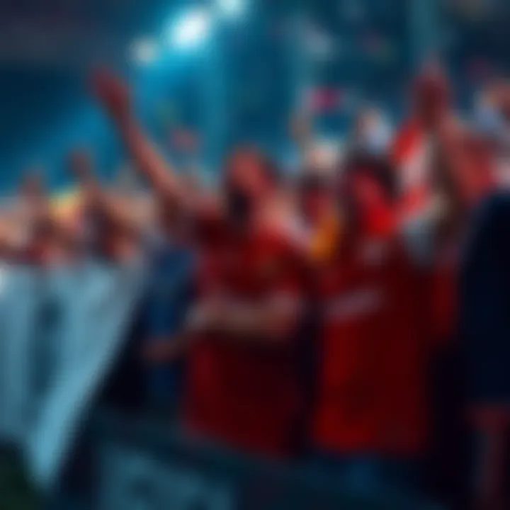 Fans celebrating a sports victory with mixed emotions, holding banners and wearing team colors