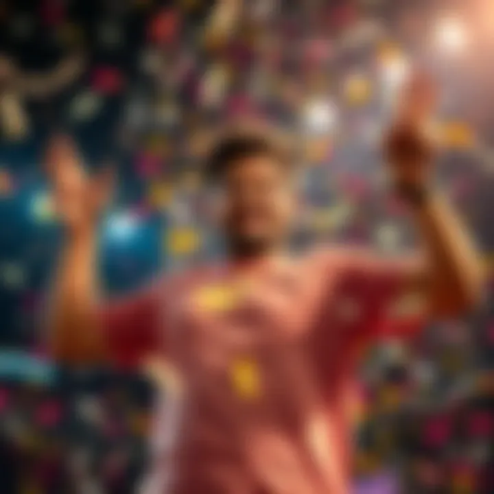 A person celebrating with confetti and a victory pose after reaching 150,000 Total Comps, looking excited about future opportunities.