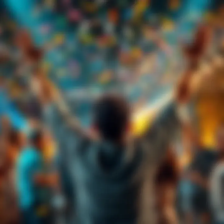 A person celebrating their win with arms raised in joy, surrounded by confetti and cheering friends.