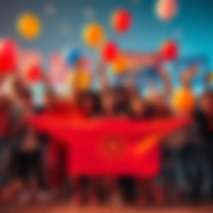 Celebration Announcement A group of diverse people joyfully celebrating together with banners and balloons, inviting others to join the fun.