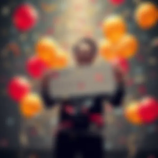 A happy person holding a check symbolizing a large bonus, surrounded by confetti and balloons