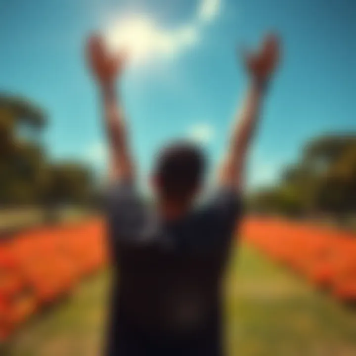 Person celebrating with arms raised in a sunny park, symbolizing financial freedom and joy after overcoming debt
