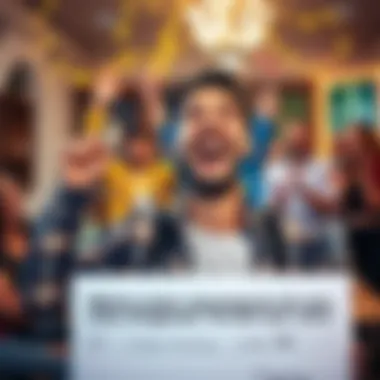 Excited person celebrating a financial reward Person with a big smile holding a check with friends cheering in the background