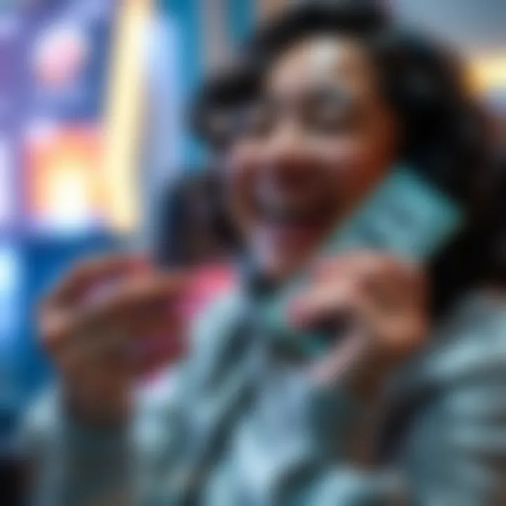 A person smiling joyfully, holding cash and celebrating their first payment after overcoming gaming addiction, with a sense of achievement and hope.