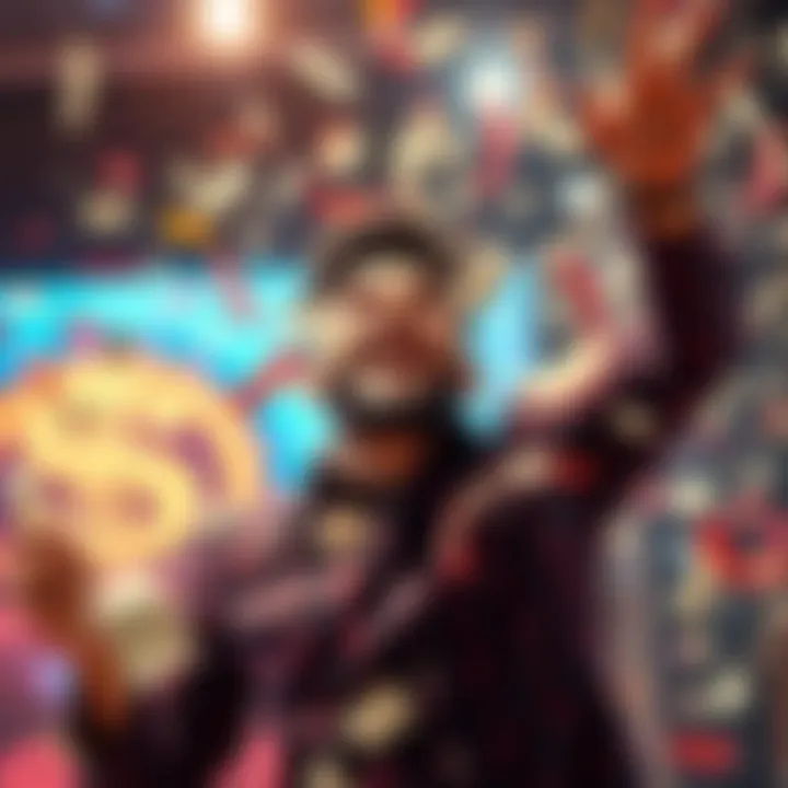 A person celebrating financial success with dollar bills and confetti around them