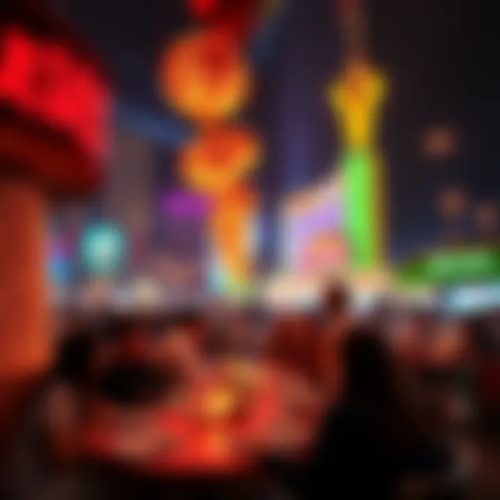 People enjoying a festive dinner in Las Vegas with vibrant lights and a lively atmosphere