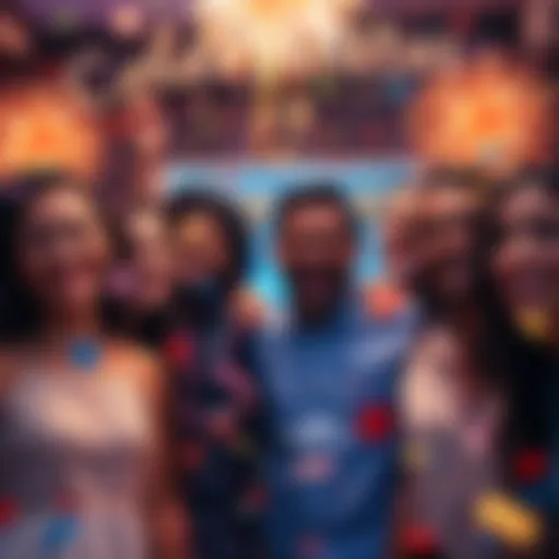 A group of happy people celebrating together with confetti and decorations.