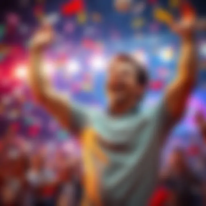 Excited individual with arms raised after nearly winning a lottery prize, surrounded by confetti and joyful expressions.