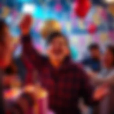 Celebration of a Major Success A person joyfully celebrating a significant achievement with friends, surrounded by decorations and smiling faces.
