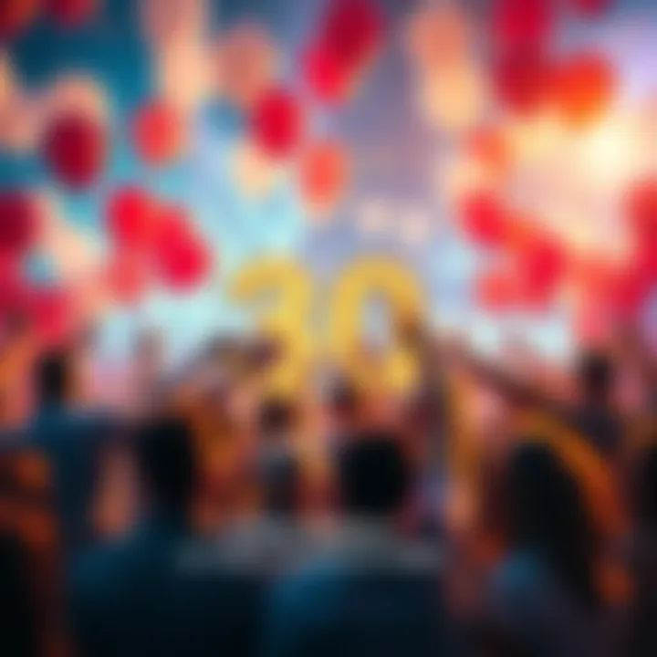 People celebrating a countdown to a milestone of 30 days with balloons and banners