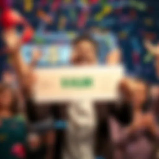 Celebration of a $1,000 Winner A joyful person holding a check for $1,000, smiling in celebration of their win, surrounded by friends and confetti.