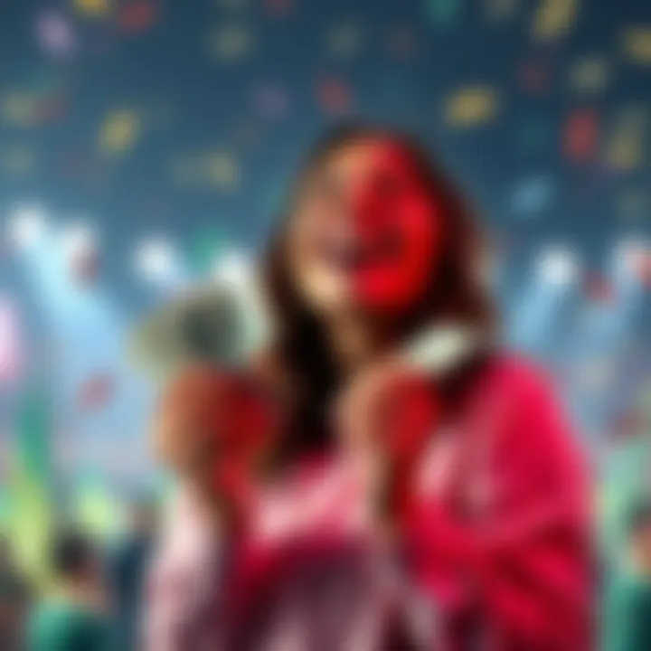 A person celebrating their first win from a bet, with joy and excitement visible on their face, holding cash in their hands.