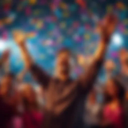 A person joyfully celebrating their success with hands raised in the air, surrounded by colorful confetti and smiling friends.