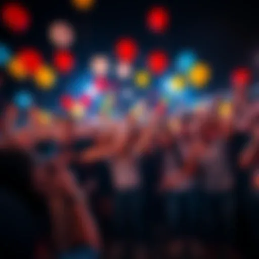 A lively gathering of people celebrating unexpected achievements with cheering and balloons