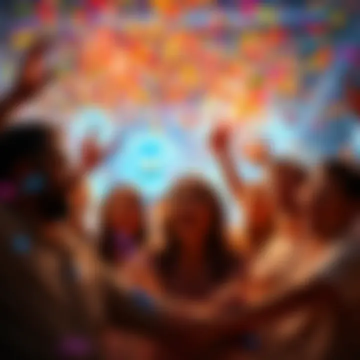Group of people joyfully celebrating a recent discovery, with confetti and smiles all around.