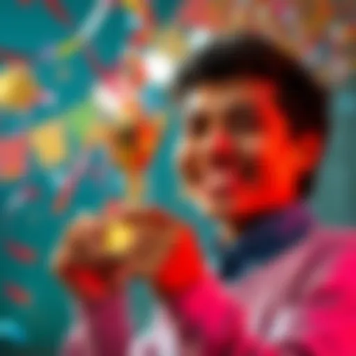 A person holding a small trophy, symbolizing victory and happiness after one year of change. They are smiling, surrounded by confetti and decorations.