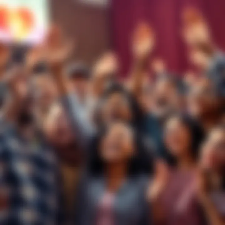 A group of diverse people celebrating together with smiles and raised hands, symbolizing unity and joy after a recent victory.