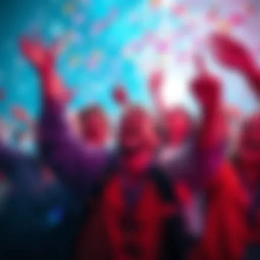 A group of people joyfully celebrating small victories with smiles and confetti in a vibrant setting.