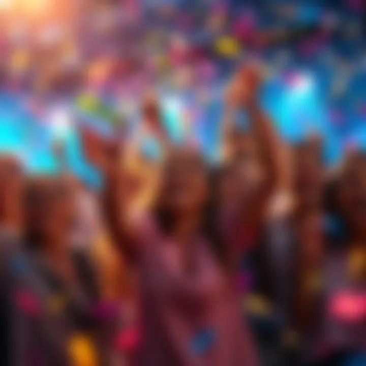 A group of people joyfully celebrating a small victory with confetti and smiles.