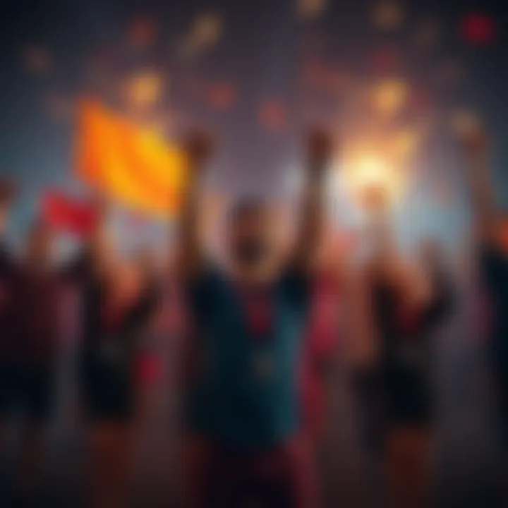 A group of people cheering and celebrating small victories together, holding banners of encouragement.