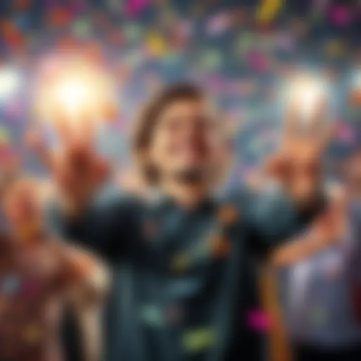 A joyful person celebrating victories with confetti and money symbols, sharing luck with others