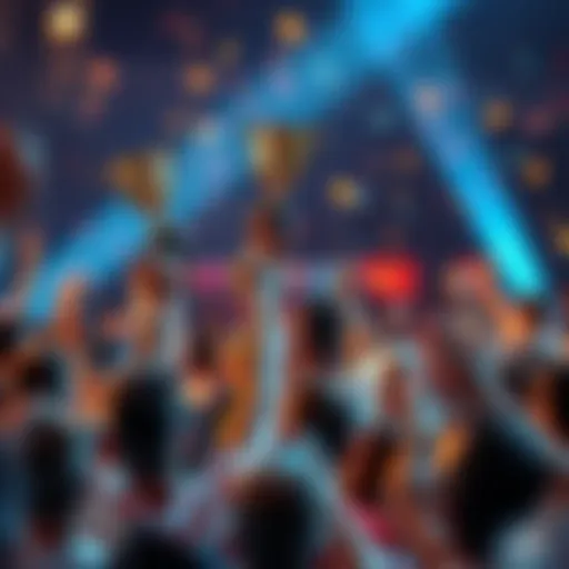 A joyful crowd celebrating a competition winner holding a trophy