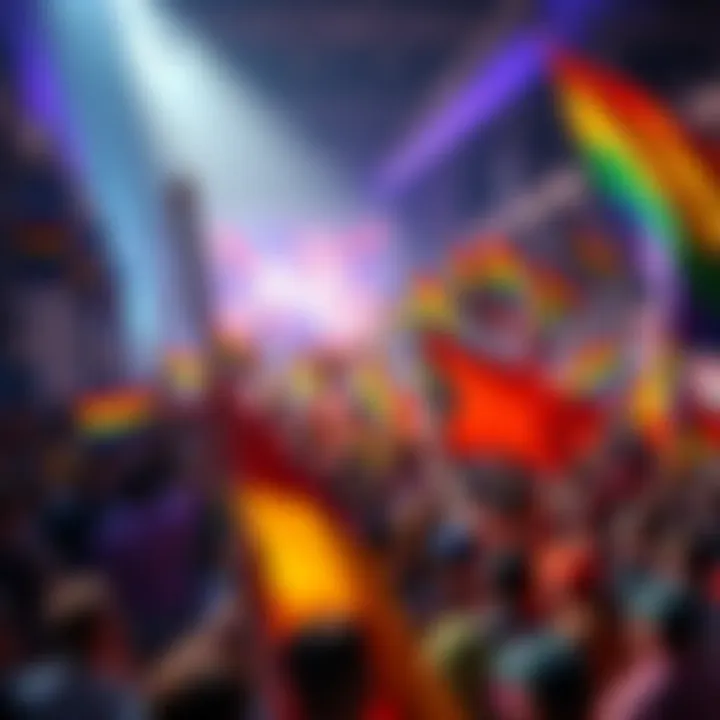 A vibrant crowd celebrating diversity with colorful flags and banners at the TD props! ONE PRIDE! event