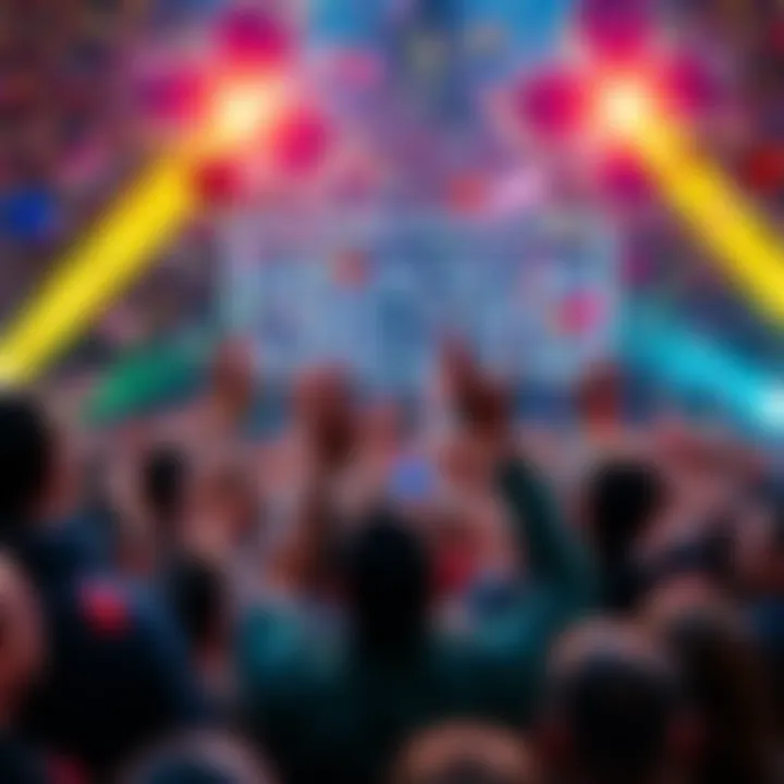 A crowd celebrates a significant victory at an event, with confetti falling and people cheering.