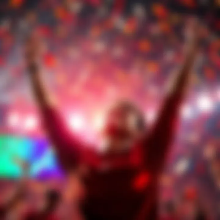 A person celebrating a personal victory with arms raised in joy, surrounded by confetti and a bright backdrop.