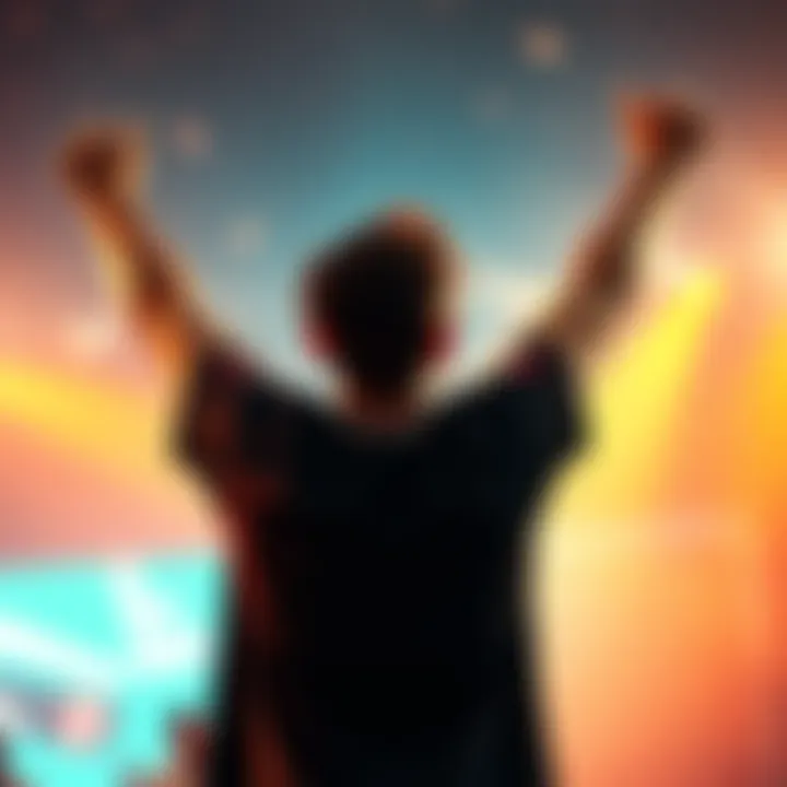 A person celebrating a victory with raised arms in a bright and cheerful atmosphere