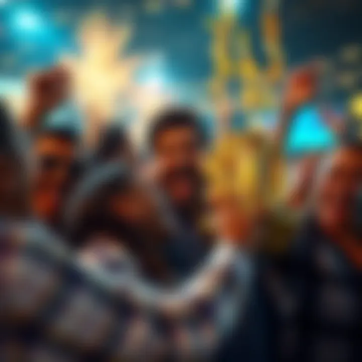 A group of happy people celebrating a $100 victory with smiles and cheers in a festive atmosphere