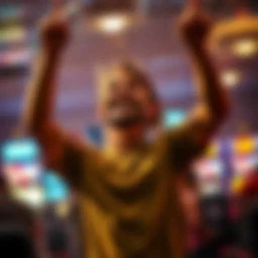 A person happily celebrating after winning multiple times in a day, holding cash and raising their arms in excitement.