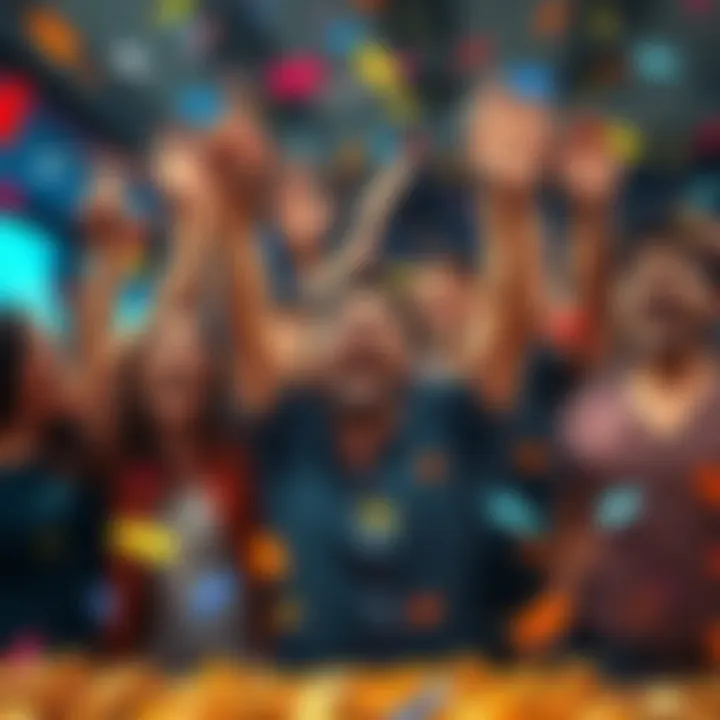 A group of excited people celebrating their victory after hitting 5 scatters in a game, with confetti flying around and big smiles on their faces.