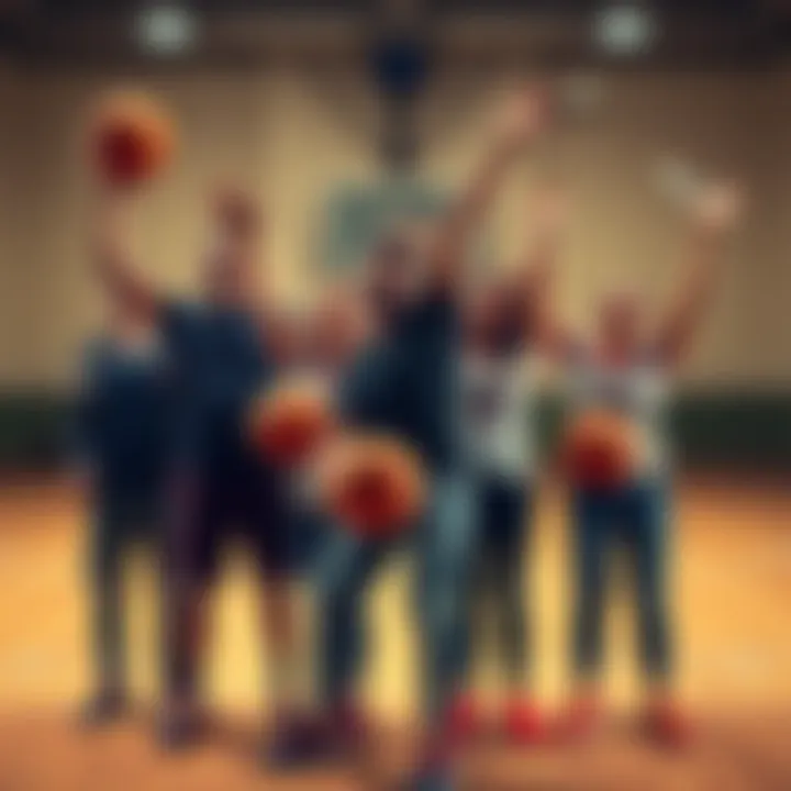 Celebration of Winning Bet A group of happy people celebrating a successful sports bet, holding basketballs and cash, with a basketball court in the background.