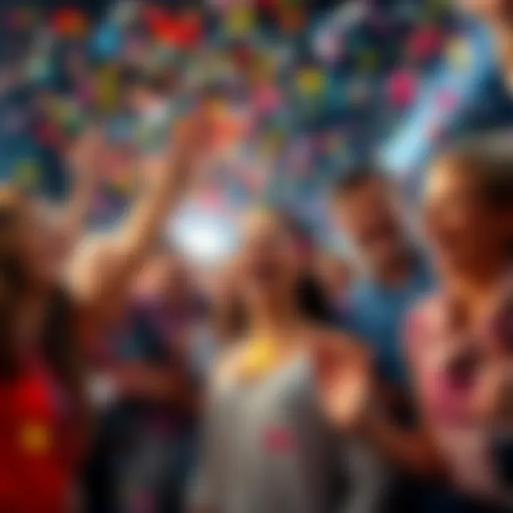 A group of happy people celebrating a series of victories with confetti and smiles.