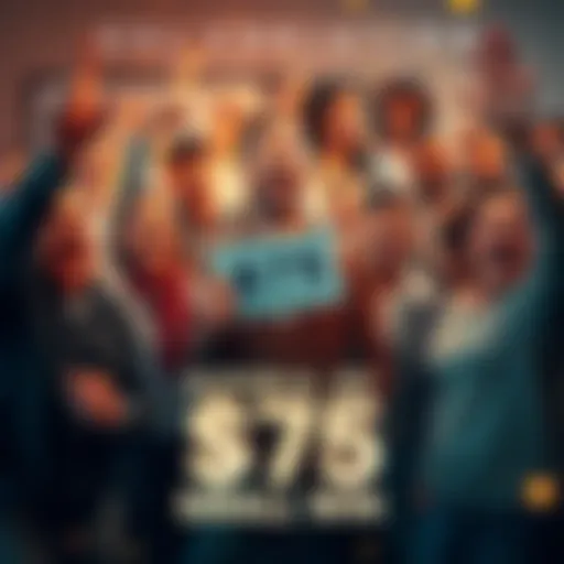 A group of happy people celebrating a small lottery win, showing excitement and joy. Some hold cash while others cheer.