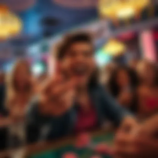 A joyful person holding winning chips with friends at a social casino, showcasing excitement and camaraderie.