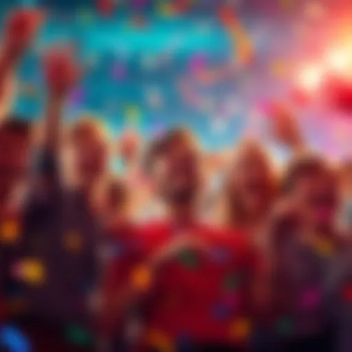 A group of happy people celebrating their success in the Crash game, showing gratitude and unity, with bright colors and confetti around them.